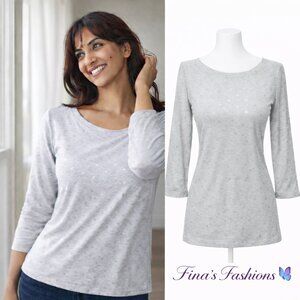 Ann Taylor LOFT Gray Boat Neck Heart Print Long Sleeve Top Size M NWT